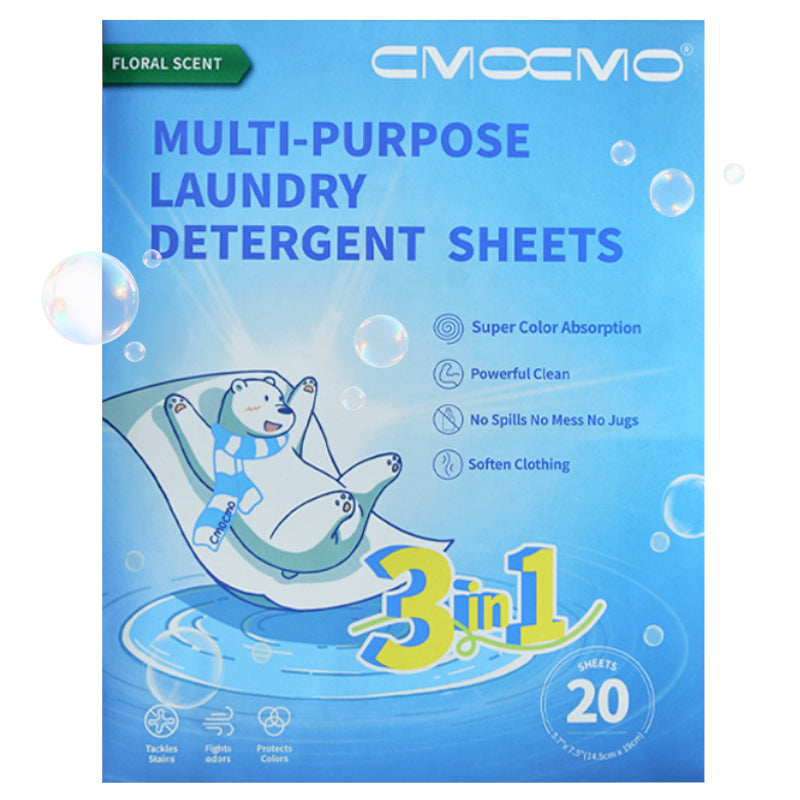 CMOCMO 3-in-1 Multi-Purpose Laundry Detergent Sheets - Super Color Absorption-Floral Scent-Concentrated Sheets-20 Sheets