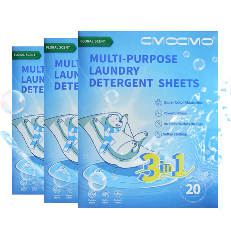 CMOCMO 3-in-1 Multi-Purpose Laundry Detergent Sheets - Super Color Absorption-Floral Scent-Concentrated Sheets-20 Sheets